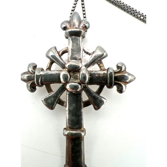 Unisex Silver Fleur-De-Lis Cross 1.75" Pendant Necklace 18" 925 Box Chain Vtg - Picture 2 of 8